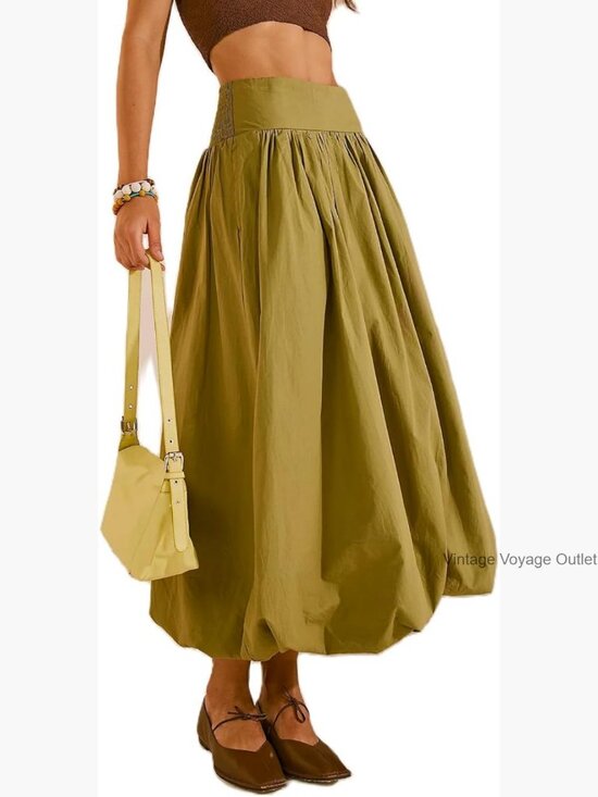 Dresses & Skirts - Y2K Bubble Maxi Skirt Low Elastic Waist A-Line Ruffle Pleated Summer Casual